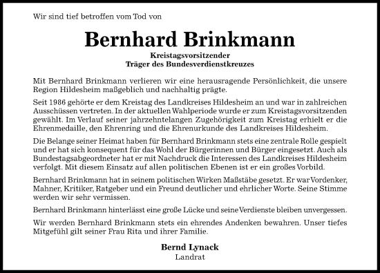 Traueranzeige von Bernhard Brinkmann von Hildesheimer Allgemeine Zeitung