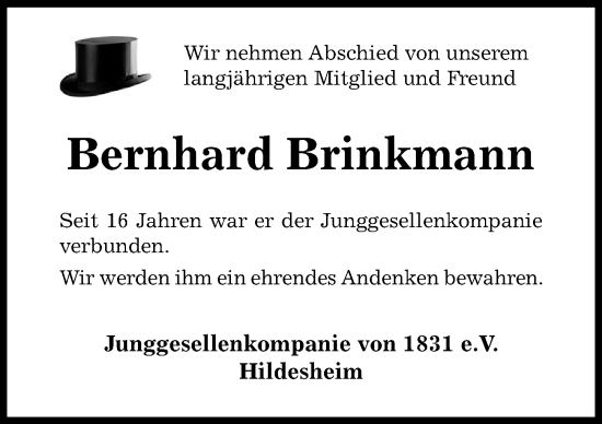 Traueranzeige von Bernhard Brinkmann von Hildesheimer Allgemeine Zeitung