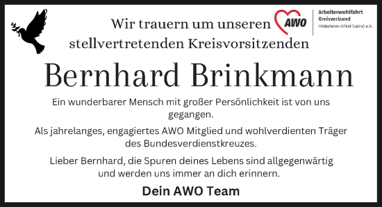 Traueranzeige von Bernhard Brinkmann von Hildesheimer Allgemeine Zeitung