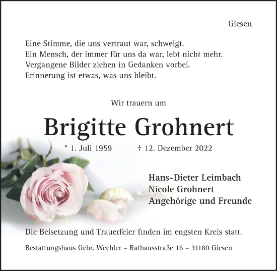 Traueranzeige von Brigitte Grohnert von Hildesheimer Allgemeine Zeitung