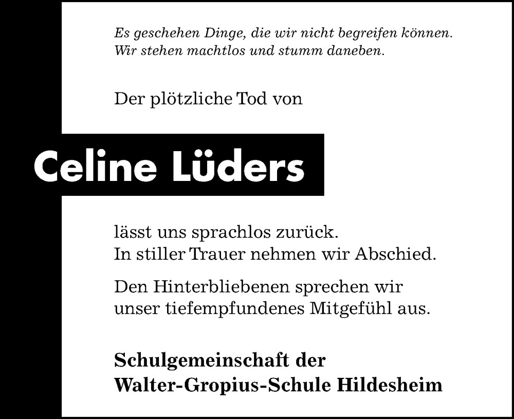  Traueranzeige für Celine Lüders vom 17.12.2022 aus Hildesheimer Allgemeine Zeitung