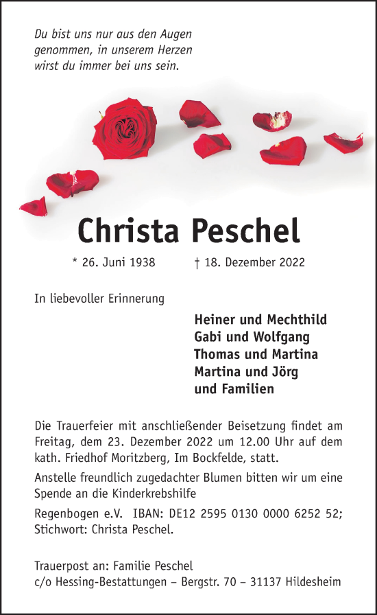 Traueranzeige von Christa Peschel von Hildesheimer Allgemeine Zeitung