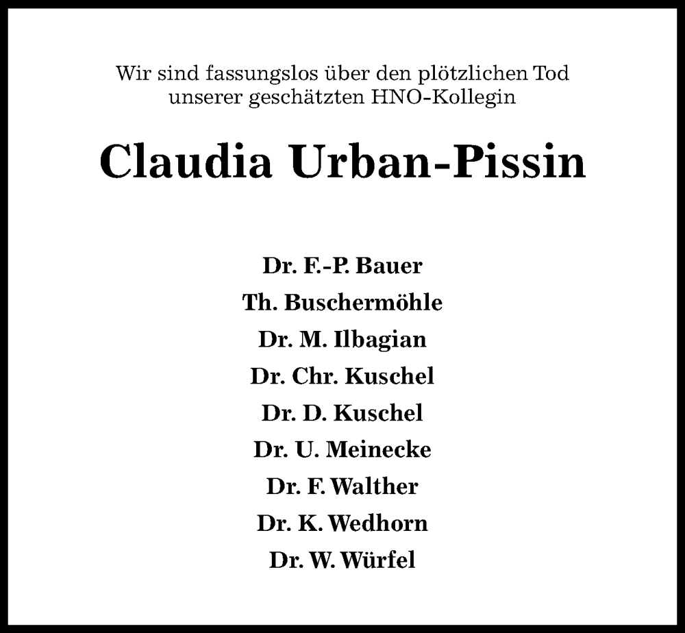  Traueranzeige für Claudia Urban-Pissin vom 17.12.2022 aus Hildesheimer Allgemeine Zeitung