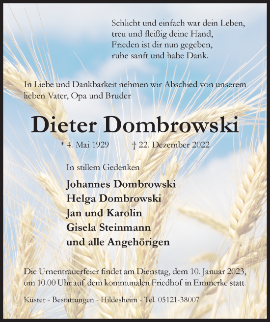 Traueranzeige von Dieter Dombrowski von Hildesheimer Allgemeine Zeitung