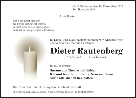 Traueranzeige von Dieter Rautenberg von Hildesheimer Allgemeine Zeitung