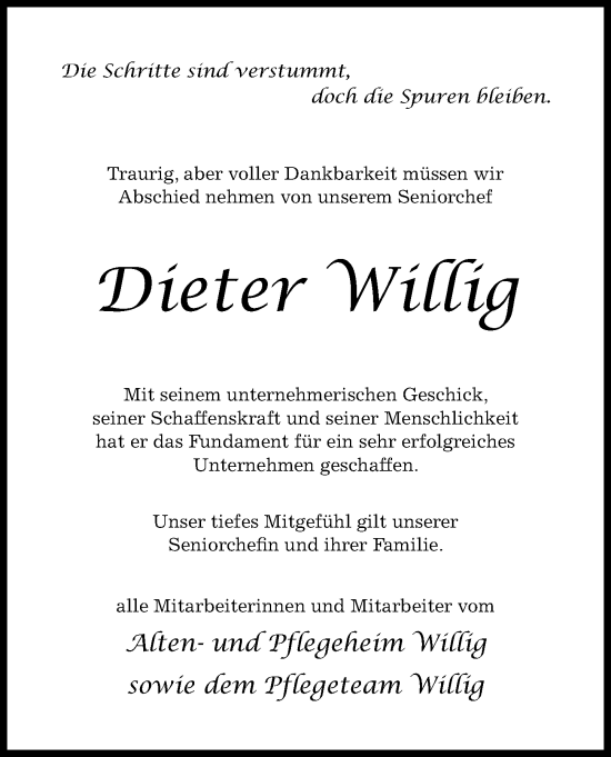 Traueranzeige von Dieter Willig von Hildesheimer Allgemeine Zeitung