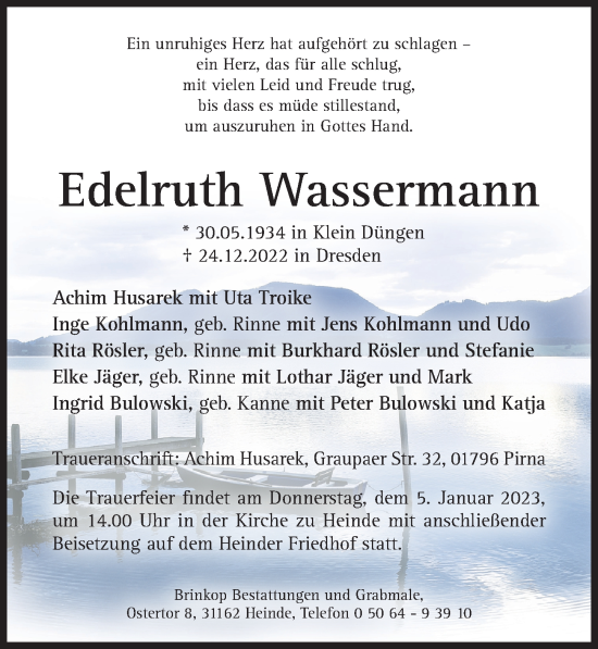 Traueranzeige von Edelruth Wassermann von Hildesheimer Allgemeine Zeitung