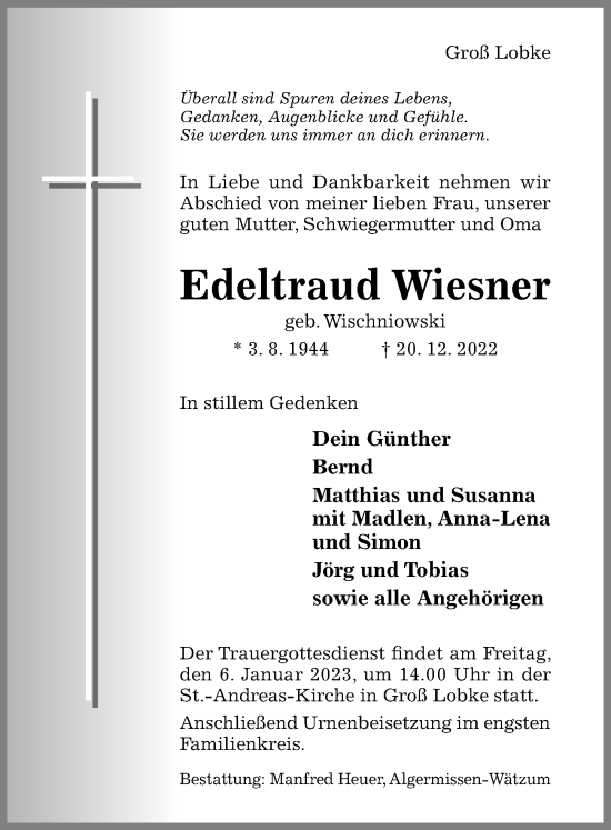 Traueranzeige von Edeltraud Wiesner von Hildesheimer Allgemeine Zeitung