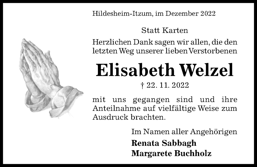  Traueranzeige für Elisabeth Welzel vom 08.12.2022 aus Hildesheimer Allgemeine Zeitung