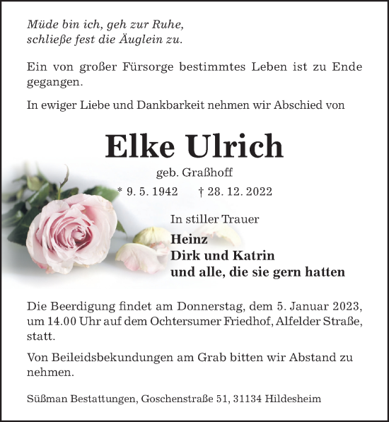 Traueranzeige von Elke Ulrich von Hildesheimer Allgemeine Zeitung