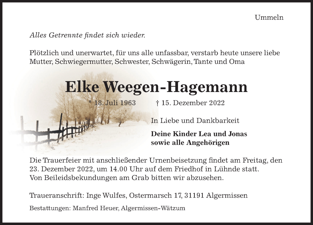  Traueranzeige für Elke Weegen-Hagemann vom 21.12.2022 aus Hildesheimer Allgemeine Zeitung