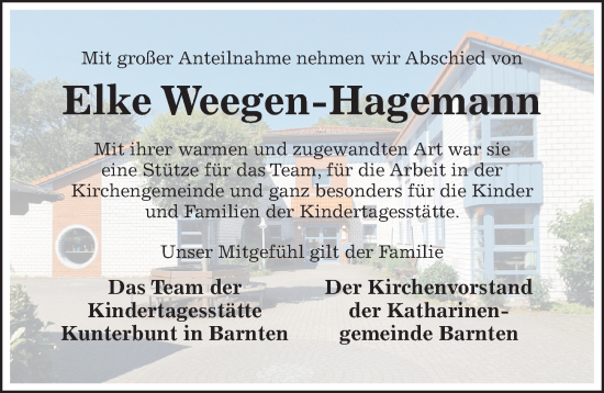 Traueranzeige von Elke Weegen-Hagemann von Hildesheimer Allgemeine Zeitung