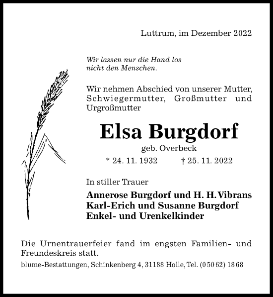 Traueranzeige von Elsa Burgdorf von Hildesheimer Allgemeine Zeitung