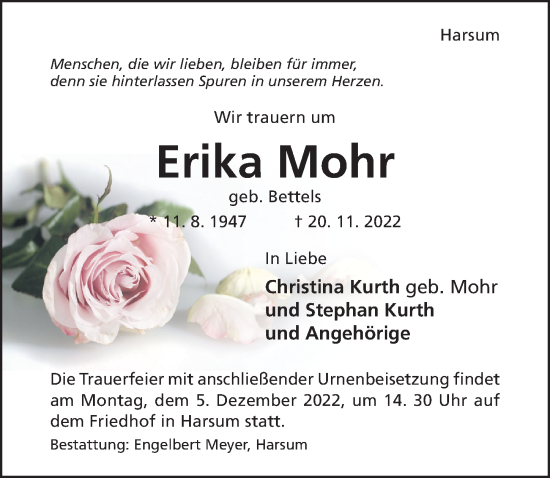Traueranzeige von Erika Mohr von Hildesheimer Allgemeine Zeitung