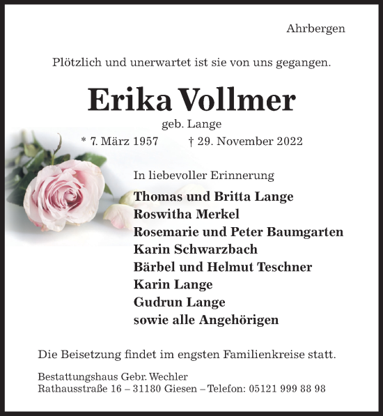 Traueranzeige von Erika Vollmer von Hildesheimer Allgemeine Zeitung
