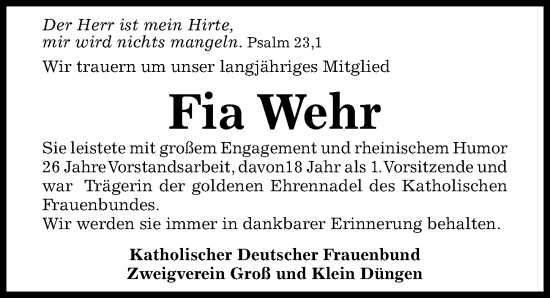 Traueranzeige von Fia Wehr von Hildesheimer Allgemeine Zeitung
