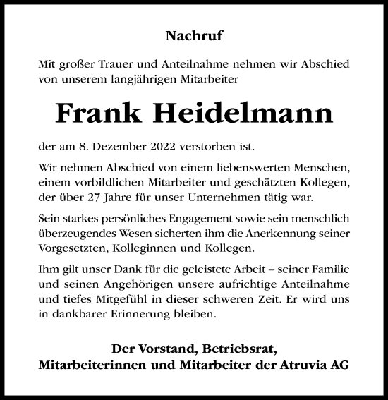 Traueranzeige von Frank Heidelmann von Hildesheimer Allgemeine Zeitung