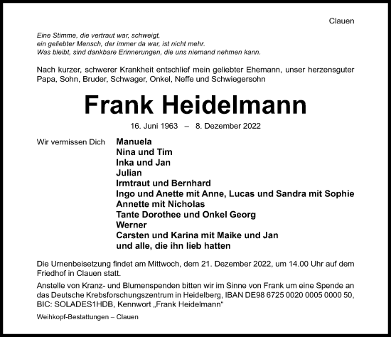 Traueranzeige von Frank Heidelmann von Hildesheimer Allgemeine Zeitung