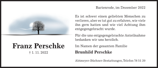 Traueranzeige von Franz Perschke von Hildesheimer Allgemeine Zeitung