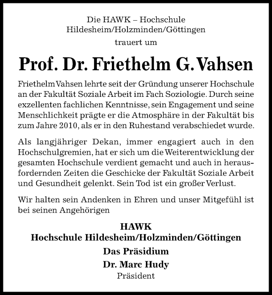 Traueranzeige von Friethelm G. Vahsen von Hildesheimer Allgemeine Zeitung