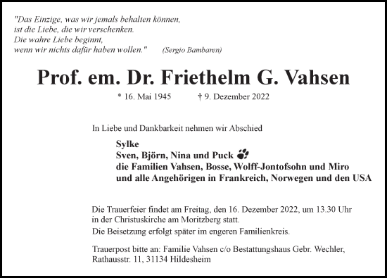 Traueranzeige von Friethelm G. Vahsen von Hildesheimer Allgemeine Zeitung