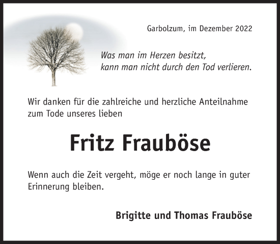 Traueranzeige von Fritz Frauböse von Hildesheimer Allgemeine Zeitung