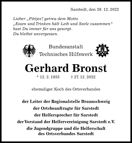 Traueranzeige von Gerhard Bronst von Hildesheimer Allgemeine Zeitung