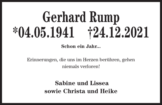 Traueranzeige von Gerhard Rump von Hildesheimer Allgemeine Zeitung