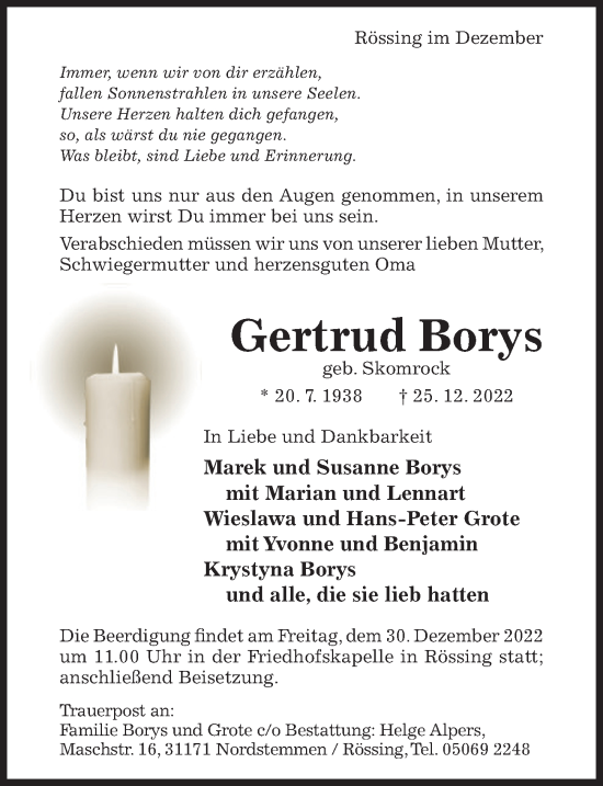 Traueranzeige von Gertrud Borys von Hildesheimer Allgemeine Zeitung