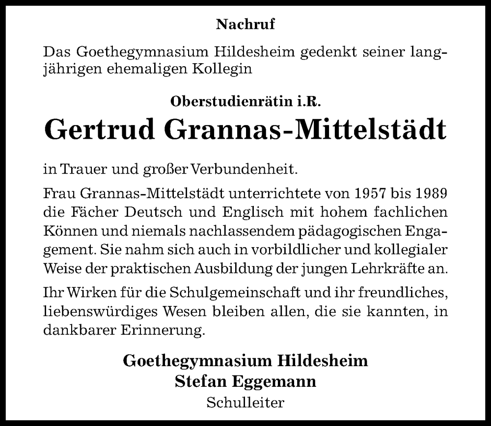  Traueranzeige für Gertrud Grannas-Mittelstädt vom 10.12.2022 aus Hildesheimer Allgemeine Zeitung