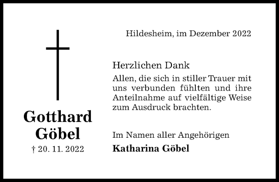 Traueranzeige von Gotthard Göbel von Hildesheimer Allgemeine Zeitung