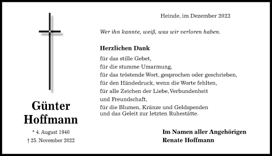 Traueranzeige von Günter Hoffmann von Hildesheimer Allgemeine Zeitung