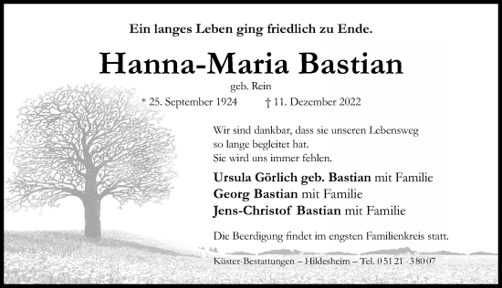 Traueranzeige von Hanna-Maria Bastian von Hildesheimer Allgemeine Zeitung