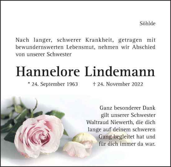 Traueranzeige von Hannelore Lindemann von Hildesheimer Allgemeine Zeitung