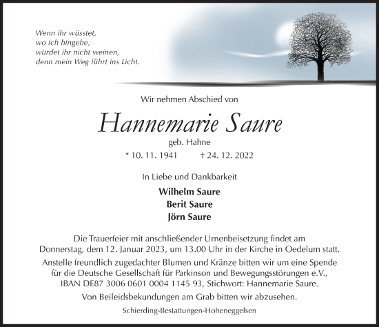 Traueranzeige von Hannemarie Saure von Hildesheimer Allgemeine Zeitung