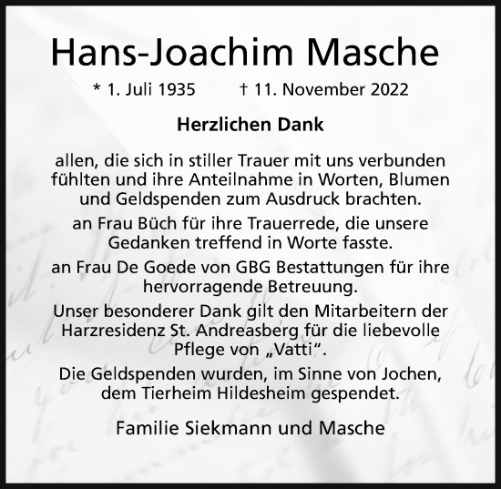 Traueranzeige von Hans-Joachim Masche von Hildesheimer Allgemeine Zeitung