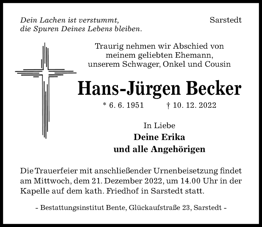  Traueranzeige für Hans-Jürgen Becker vom 14.12.2022 aus Hildesheimer Allgemeine Zeitung