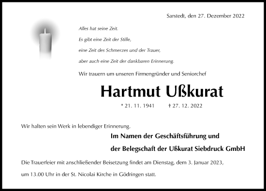 Traueranzeige von Hartmut Ußkurat von Hildesheimer Allgemeine Zeitung