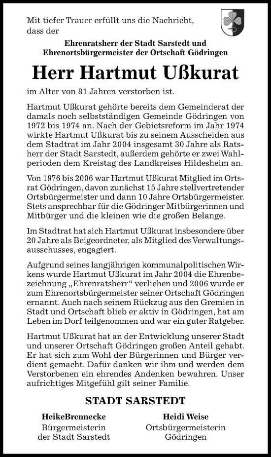 Traueranzeige von Hartmut Ußkurat von Hildesheimer Allgemeine Zeitung