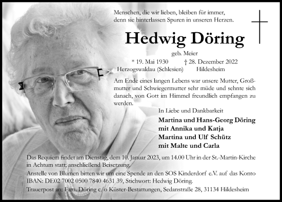 Traueranzeige von Hedwig Döring von Hildesheimer Allgemeine Zeitung