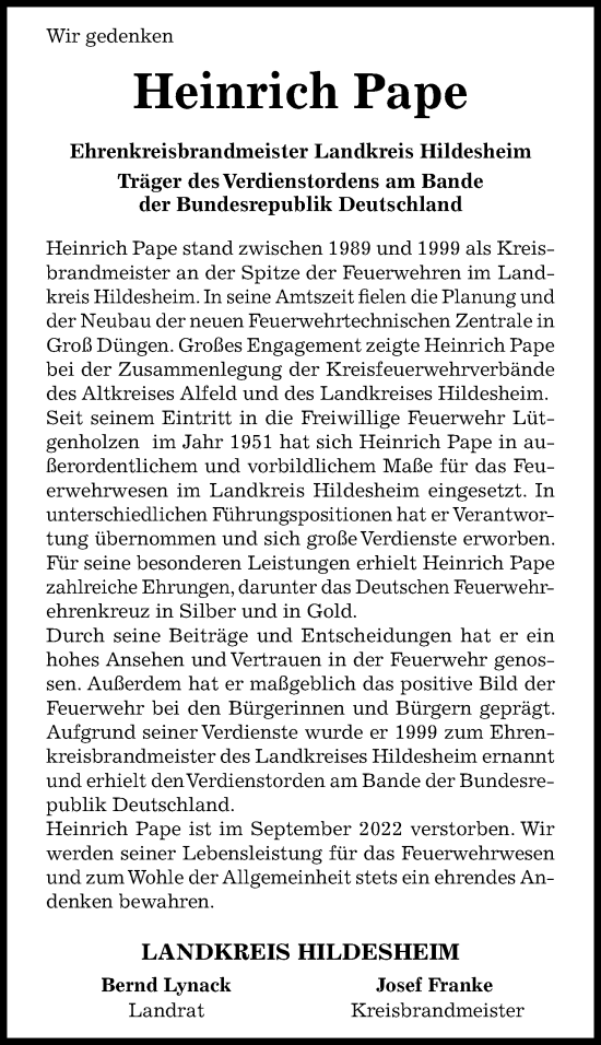 Traueranzeige von Heinrich Pape von Hildesheimer Allgemeine Zeitung