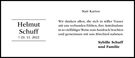 Traueranzeige von Helmut Schuff von Hildesheimer Allgemeine Zeitung