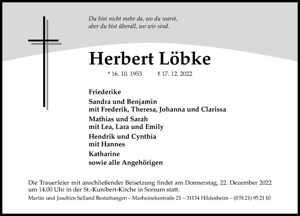  Traueranzeige für Herbert Löbke vom 20.12.2022 aus Hildesheimer Allgemeine Zeitung