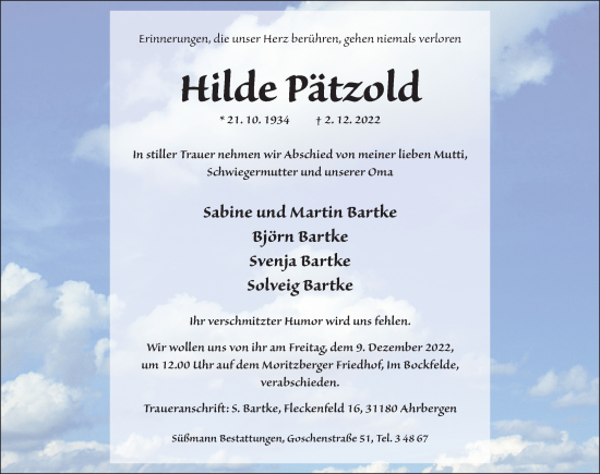 Traueranzeige von Hilde Pätzold von Hildesheimer Allgemeine Zeitung