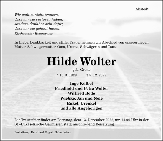 Traueranzeige von Hilde Wolter von Hildesheimer Allgemeine Zeitung