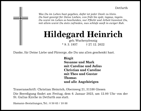 Traueranzeige von Hildegard Heinrich von Hildesheimer Allgemeine Zeitung