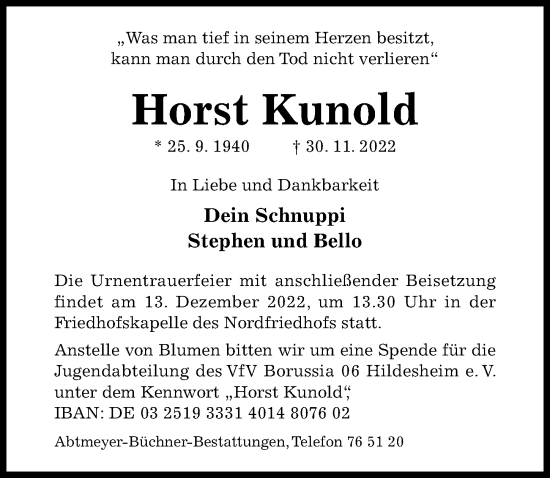 Traueranzeige von Horst Kunold von Hildesheimer Allgemeine Zeitung
