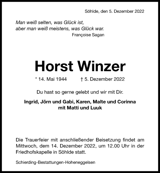 Traueranzeige von Horst Winzer von Hildesheimer Allgemeine Zeitung