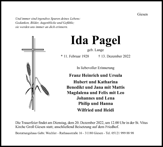 Traueranzeige von Ida Pagel von Hildesheimer Allgemeine Zeitung