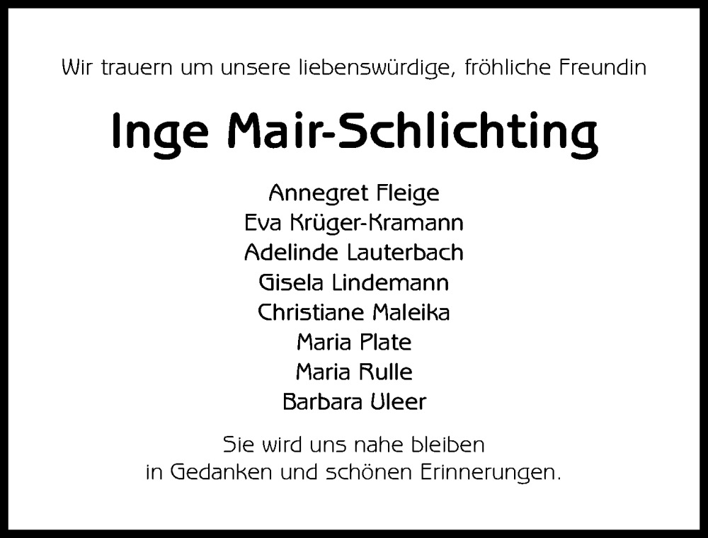  Traueranzeige für Inge Mair-Schlichting vom 03.12.2022 aus Hildesheimer Allgemeine Zeitung